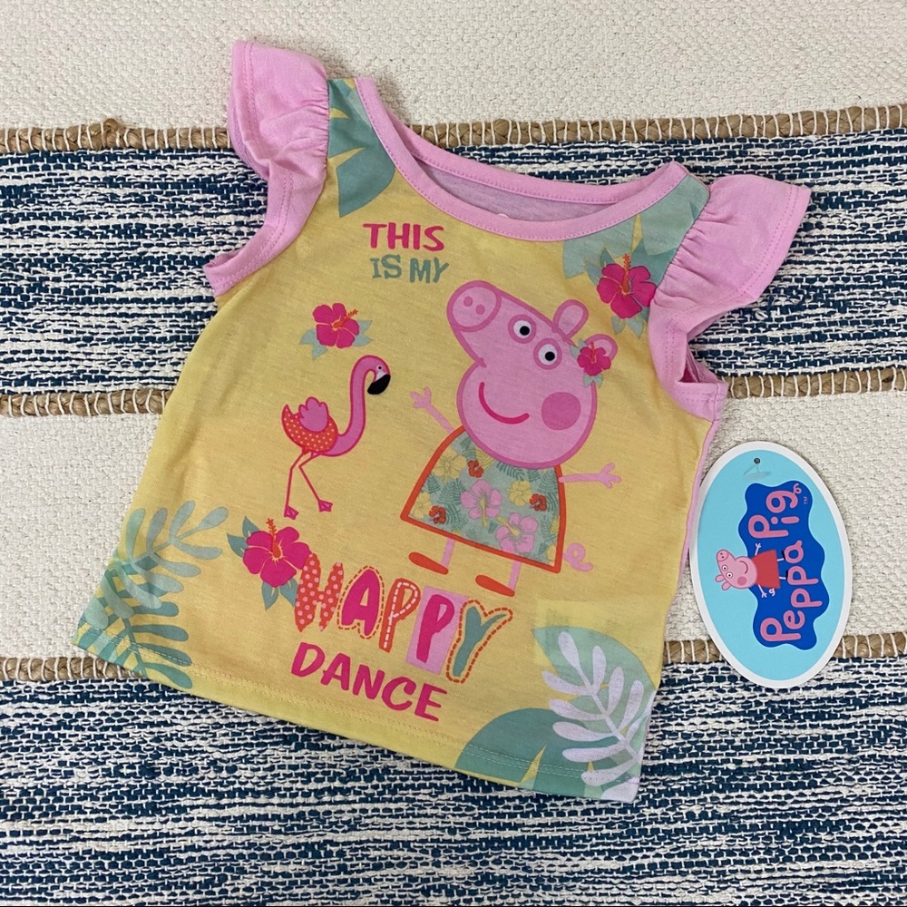 Peppa Pig Pajama Top Girls 2T Pink Yellow Short Sleeve This Is My Happy Dance